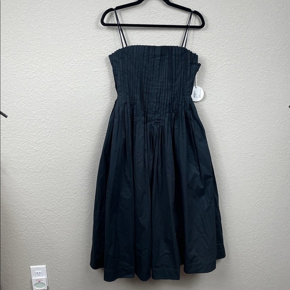 NWT Staud Bella Pleated Cotton Blend Poplin Midi Dress Black Square Neck Sz 6 - Picture 7 of 16